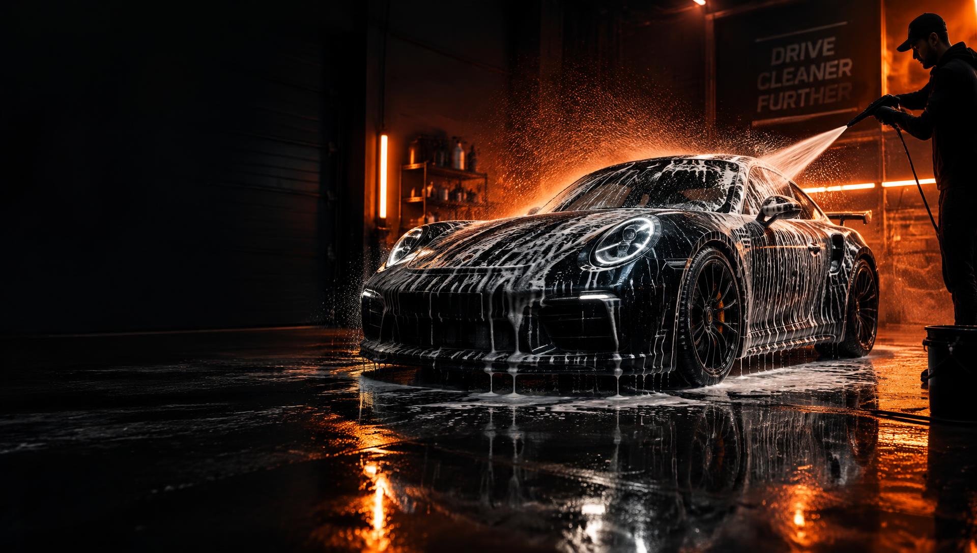 Black sports car in an orange-lit DirtBusters-style detailing garage
